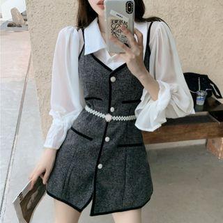 Set: Plain Blouse + Spaghetti Strap Mini A-line Dress + Faux Pearl Belt