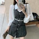 Set: Plain Blouse + Spaghetti Strap Mini A-line Dress + Faux Pearl Belt