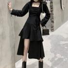 Long-sleeve Slit Layered Midi A-line Dress