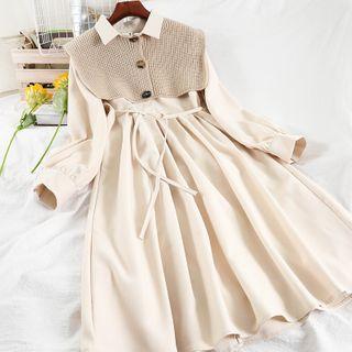 Set: Long-sleeve Plain Midi Dress + Button-up Cape