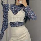 Set: Puff-sleeve Floral Blouse + Cropped Camisole Top Set Of 2 - Blue - One Size