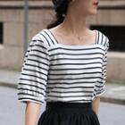 Puff-sleeve Square-neck Striped T-shirt