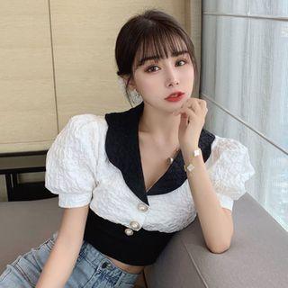 Puff-sleeve Paneled Top White - One Size