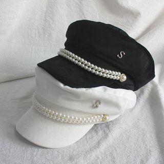 Faux Pearl Velvet Military Cap