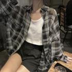 Plaid Pocket Long-sleeve Top As Shown In Figure - One Size