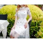 Set: Embroidered Short-sleeve A-line Chiffon Dress + Slipdress
