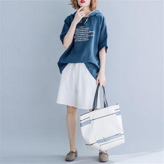 Elbow-sleeve Lettering Hoodie Blue - One Size