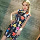 Cap-sleeve Patterned Slit-side Cheongsam