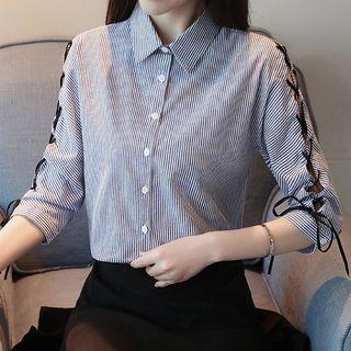 Elbow-sleeve Lace Up Striped Shirt
