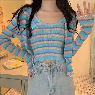 Set : Color Block Striped Knit Camisole Top / Color Block Striped Cardigan