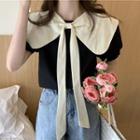 Short-sleeve Wide Collar Bow Blouse