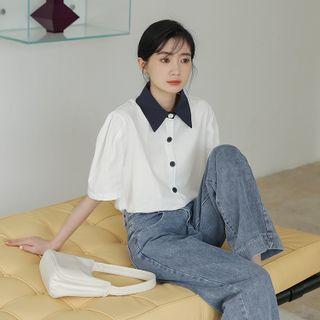 Elbow-sleeve Button-up Blouse White - One Size