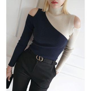 Mock-neck Cutout Two-tone Knit Top
