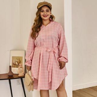 Long-sleeve Sashed Plaid Dress