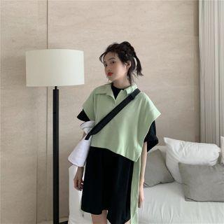Collared Vest / Plain Elbow-sleeve T-shirt Dress