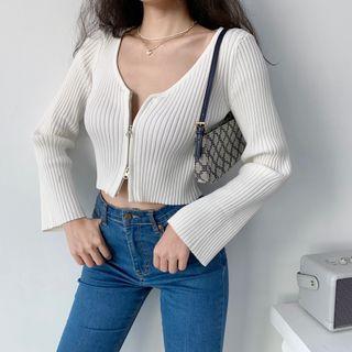 Cropped U-neck Double-ended Zip Pinstripe Top