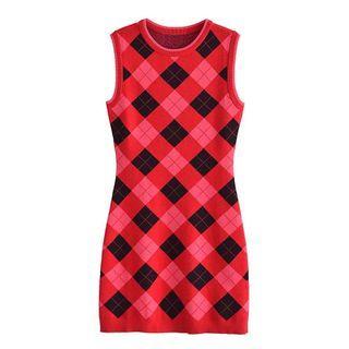 Sleeveless Argyle Knit Mini Sheath Dress