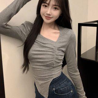 Long-sleeve Irregular Ruched Crop Top