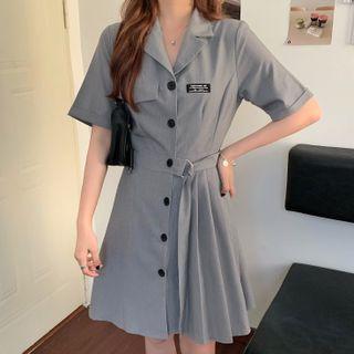 Elbow-sleeve Pleated Mini A-line Shirtdress