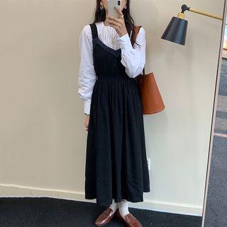 Long-sleeve Pleated Blouse / Maxi Pinafore Dress