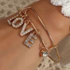 Love Lettering Rhinestone Alloy Open Bangle 01 - Gold - One Size