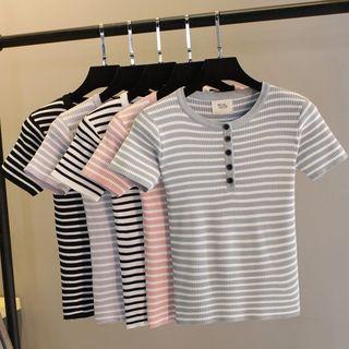 Short-sleeve Buttoned Striped Knit Top
