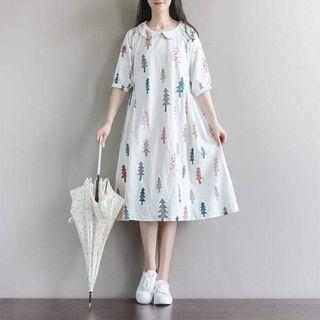 Puff-sleeve Tree Print Smock Dress