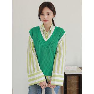 Contrast V-neck Sleeveless Rib-knit Top