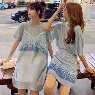 Short-sleeve Midi T-shirt Dress / Short-sleeve  T-shirt / Sequined Camisole / Mini Sequined A-line Skirt / Set