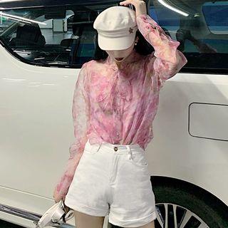 Set: Long-sleeve Buttoned Chiffon Top + Camisole Top Pink - One Size
