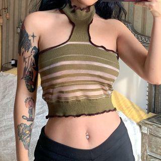 Stripe See Through Ruffled Cropped Tank Top