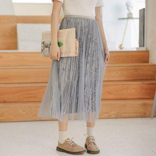 Pleated Mesh Panel A-line Skirt