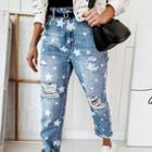 Star Print Washed Distressed Straight Leg Jeans