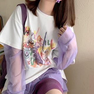 Short-sleeve Print T-shirt / Long-sleeve Sheer Top