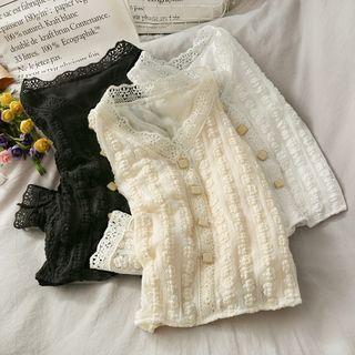 Embossed V-neck Lace Blouse