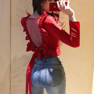 Long-sleeve Mesh Back Ruffle Top