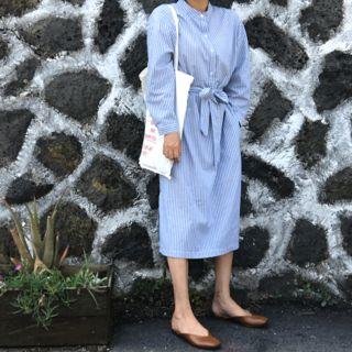 Mandarin-collar Striped Shirtdress With Sash