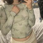 Long-sleeve Seam-trim Lettuce-edge Butterfly T-shirt