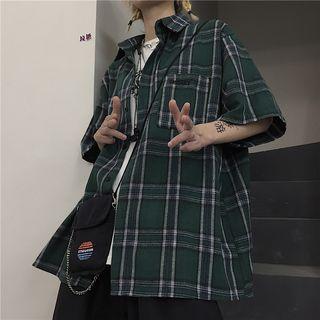Lettering Embroidered Plaid Short-sleeve Shirt