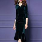 3/4-sleeve Velvet Sheath Dress