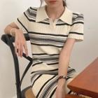 Short-sleeve Striped Knit Polo Dress Stripe - Black & Beige - One Size