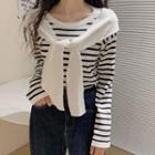 Mock Two-piece Long-sleeve Cape Striped Knit Top