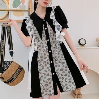 Short-sleeve Floral Panel Shirt Dress