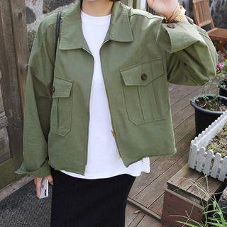 Fray-hem Pocket-front Jacket Khaki - One Size