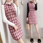 Plaid Sleeveless A-line Dress / Long-sleeve Knit Top / Set