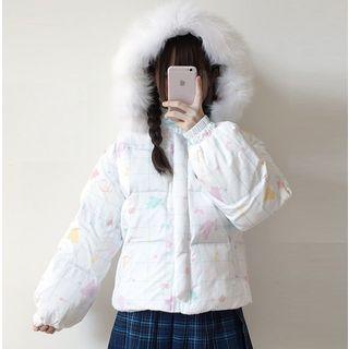 Printed Furry Hood Padded Jacket White - One Size