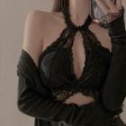 Halter-neck Cutout Lace Camisole Top / Ribbed Cardigan (various Designs)