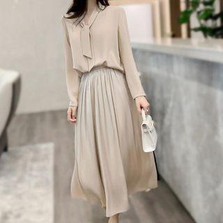 Set: Tie-neck Blouse + Maxi A-line Skirt