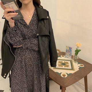 Long-sleeve Faux Leather Jacket / Long-sleeve V-neck Floral Dress