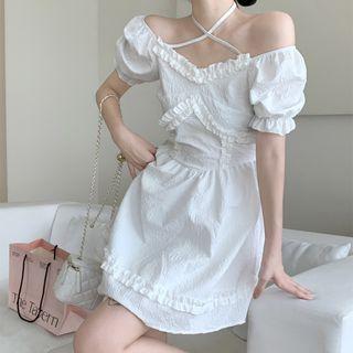 Puff-sleeve Halter-neck Off-shoulder Wood Ear Trim Dress White - One Size